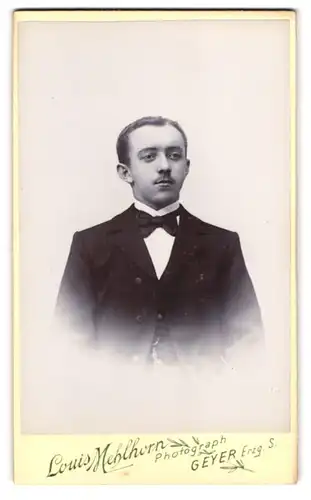 Fotografie Louis Mehlhorn, Geyer i. Erzg., Portrait eleganter Herr mit Oberlippenbart