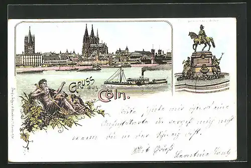 Lithographie Köln, Gesamtansicht mit Dom, Denkmal Kaiser Wilhelm I.