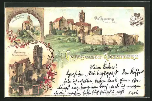 Lithographie Ronneburg, Burg-Ansicht, Gesamtansicht, Vorburg und Inneres