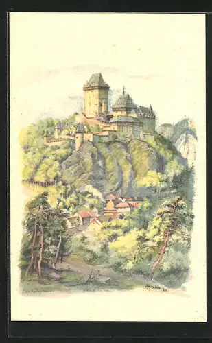 Künstler-AK Hrad Karlstejn, Burg Karlstein
