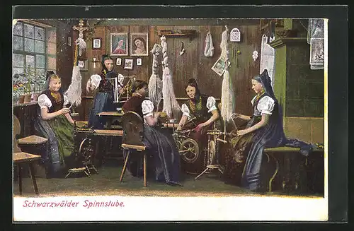 AK Schwarzwälder Tracht, Frauen in der Schwarzwälder Spinnstube