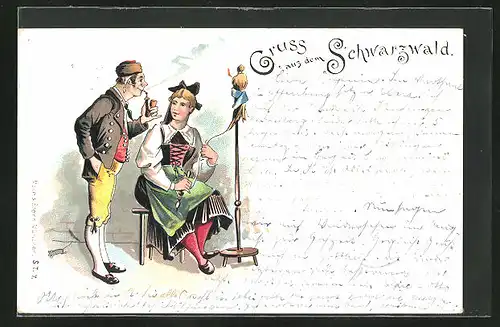 Lithographie Gruss aus dem Schwarzwald, Paar in Tracht