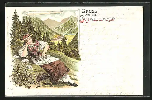 Lithographie Gruss aus dem Schwarzwald, Frau in Tracht