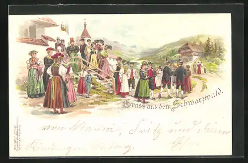 Lithographie Gruss aus dem Schwarzwald, Bürger in Tracht