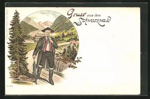 Lithographie Gruss aus dem Schwarzwald, Mann mit Tabakpfeife in Tracht