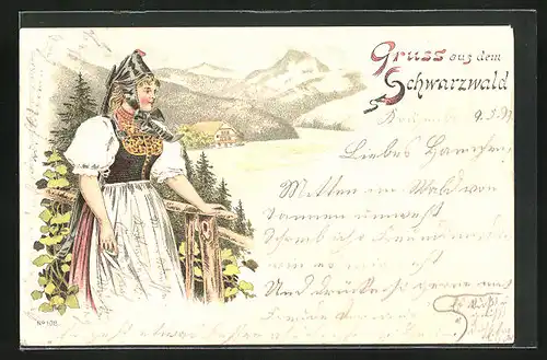 Lithographie Gruss aus dem Schwarzwald, Frau in Tracht