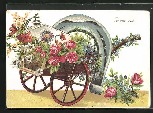 Präge-AK Wagen mit Blumen und Hufeisen