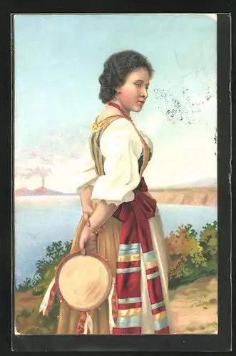 Künstler-AK Italienische Dame mit Tamburin