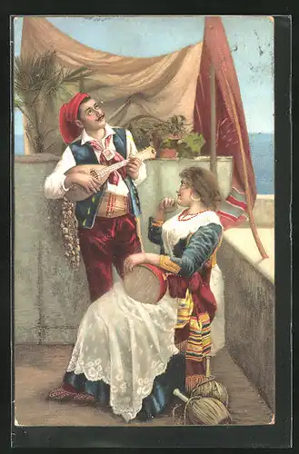 Künstler-AK Italienisches Paar mit Mandoline und Tamburin
