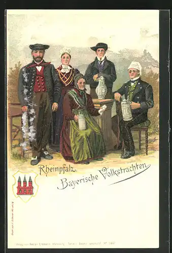 Lithographie Familie in bayerischer Tracht