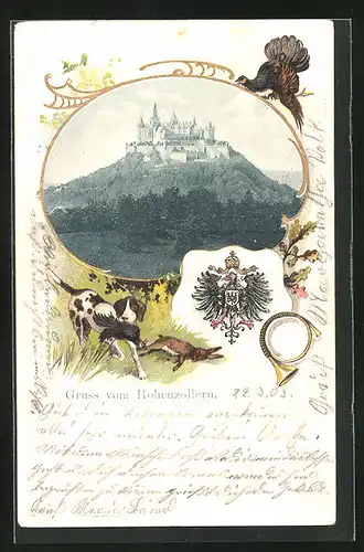 Passepartout-Lithographie Hohenzollern, Blick auf das Schloss, Jagdhund mit Fasan