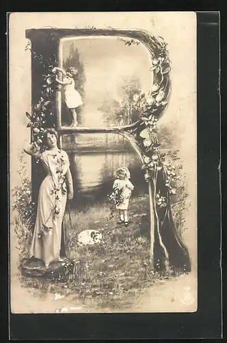 AK Buchstabe R, hübsche junge Frau & Mädchen mit Blumen, Hund