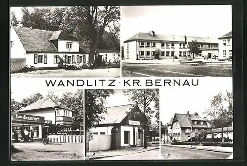 AK Wandlitz /Kr. Bernau, HO-Gaststätte Seekrug, Café Milchbar Zum dicken Kurt, Erich-Weinert-Oberschule