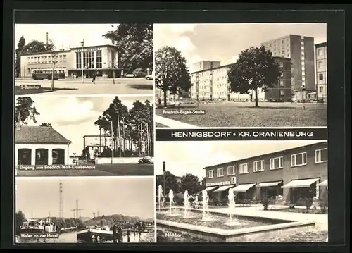 AK Henningsdorf /Kr. Oranienburg, Café Milchbar mit Brunnen, Friedrich-Engels-Strasse, Hafen an der Havel