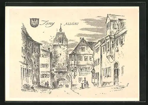 Künstler-AK Isny i. Allgäu /Baden Württemberg, Strassenpartie mit Tor und Brunnen