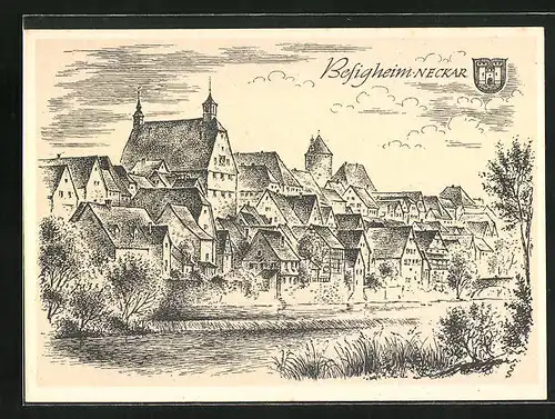 Künstler-AK Besigheim a. Neckar /Baden Württemberg, Teilansicht