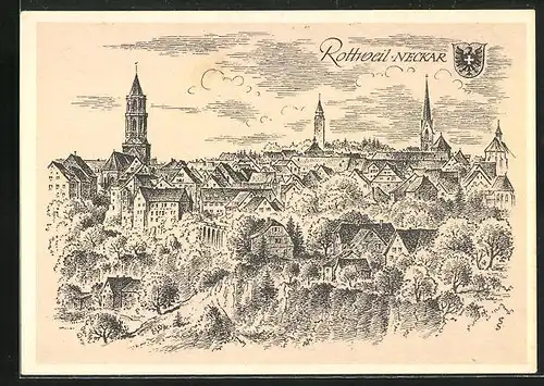 Künstler-AK Rottweil a. Neckar /Baden Württemberg, Teilansicht