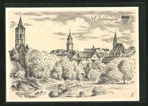 Künstler-AK Waiblingen /Baden Württemberg, Teilansicht mit Kirche