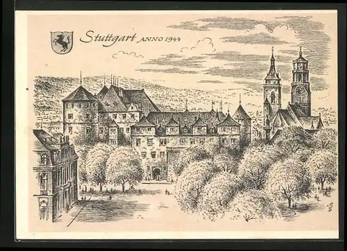 Künstler-AK Stuttgart /Baden Württemberg, Teilansicht mit Kirche 1944