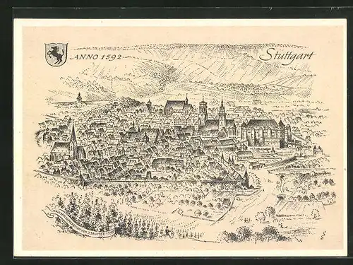 Künstler-AK Stuttgart /Baden Württemberg, Teilansicht 1592