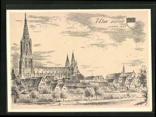 Künstler-AK Ulm a. d. Donau /Baden Württemberg, Teilansicht mit Kirche 1944