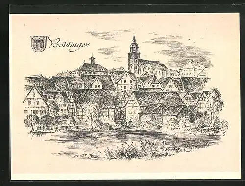 Künstler-AK Böblingen /Baden Württemberg, Ortspartie