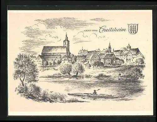 Künstler-AK Crailsheim /Baden Württemberg, Teilansicht mit Kirche 1944