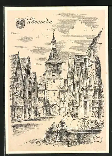 Künstler-AK Winnenden /Baden Württemberg, Strassenpartie mit Tor und Brunnen