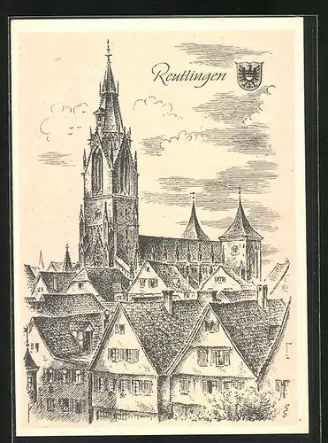 Künstler-AK Reutlingen /Baden Württemberg, Blick zur Kirche