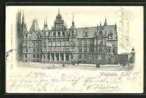 Relief-AK Wiesbaden, Rathaus mit Vorplatz