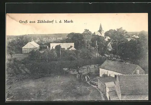 AK Zühlsdorf i. d. Mark, Gehöft mit Blick zur Kirche