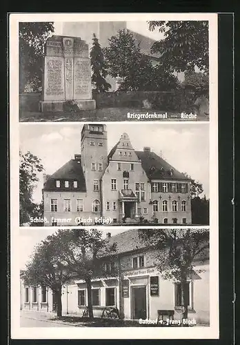 AK Cammer / Zauch-Belzig, Gasthof von Franz Block, Schloss, Kriegerdenkmal neben der Kirche