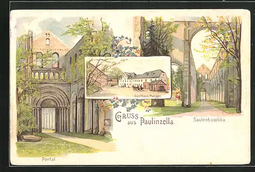 Lithographie Paulinzella, Gasthaus Menger, Säulenbasilika mit Portal