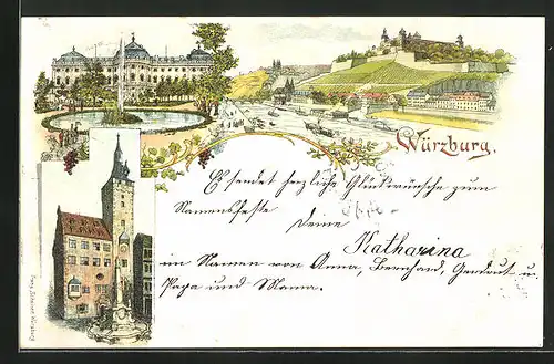 Lithographie Würzburg, Gesamtansicht mit Schloss, Kirche und Flusspartie