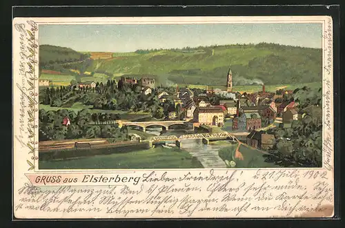 Lithographie Elsterberg, Panoramablick auf den Ort