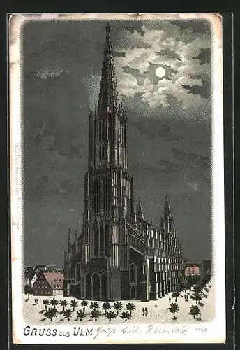 Lithographie Ulm, Münster im Mondschein