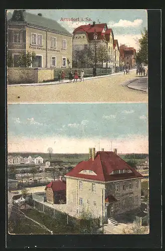 AK Arnsdorf i. Sa., Gasthaus, Strassenpartie an der Schneiderei Ernst Kersten