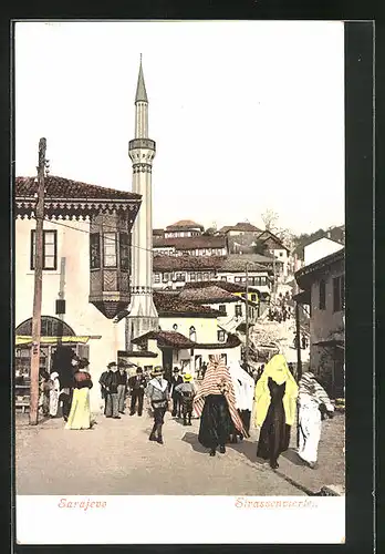AK Sarajewo, Strassenviertel mit Minarett