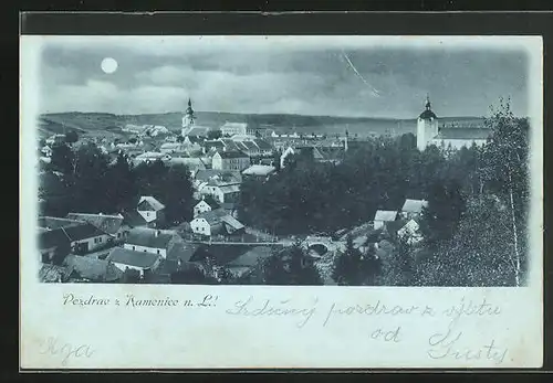 Mondschein-AK Kamenice n. L., Blick über die Dächer der Ortschaft