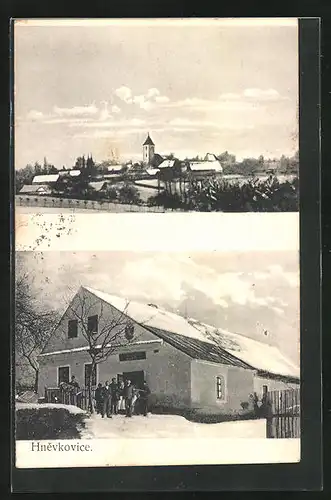 AK Hnevkovice, Gasthaus im Winter, Ortsansicht