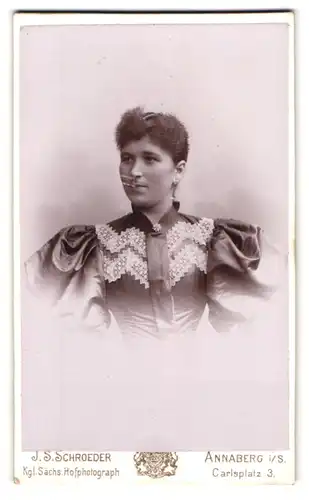 Fotografie J. S. Schroeder, Annaberg, Carlsplatz 3, Portrait junge Dame im Kleid mit Puffärmeln
