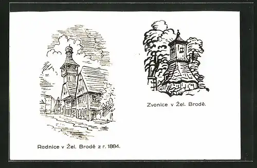 Künstler-AK Zelezny Brod, Radnice z r. 1884, Zwonice