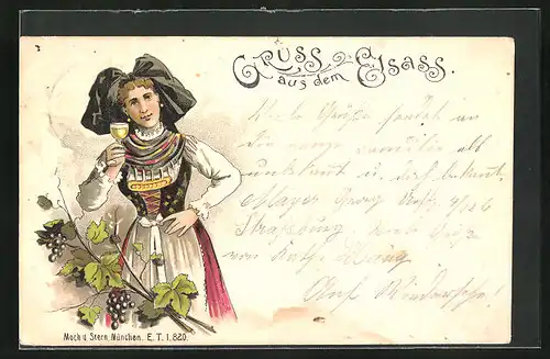 Lithographie Gruss aus dem Elsass, Frau in elsass-lothringischer Tracht mit Weinglas