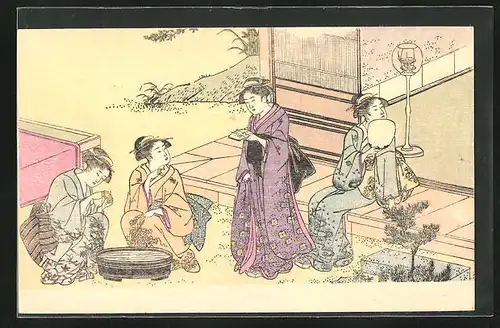 AK Japanerinnen im Kimono vor dem Haus