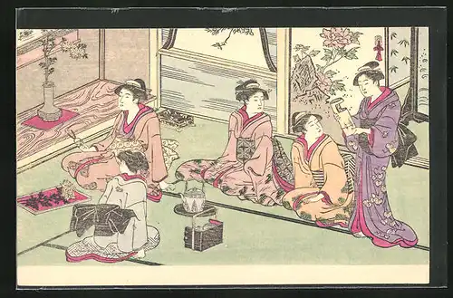 AK Japanerinnen im Kimono sitzen auf Matten
