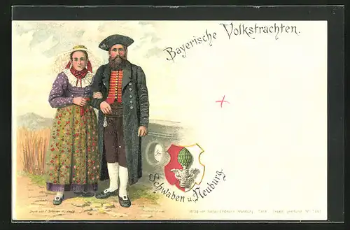 Lithographie Bayerische Volkstrachten, Paar in Trachten aus Schwaben u. Neuburg