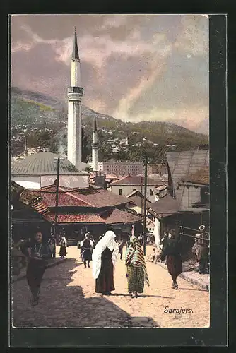 AK Sarajewo, Strassenansicht mit Moschee im Hintergrund