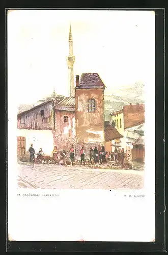 Künstler-AK Sarajewo, Na Bascarsiji, Marktstände mit Moschee im Hintergrund