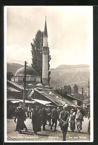 AK Sarajewo, Moschee mit Minarett neben dem Marktplatz