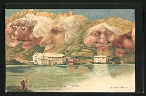 Künstler-AK Killinger Nr. 105: Ein Mauerblümchen-Gruss von der Grimsel, Berg mit Gesicht / Berggesichter